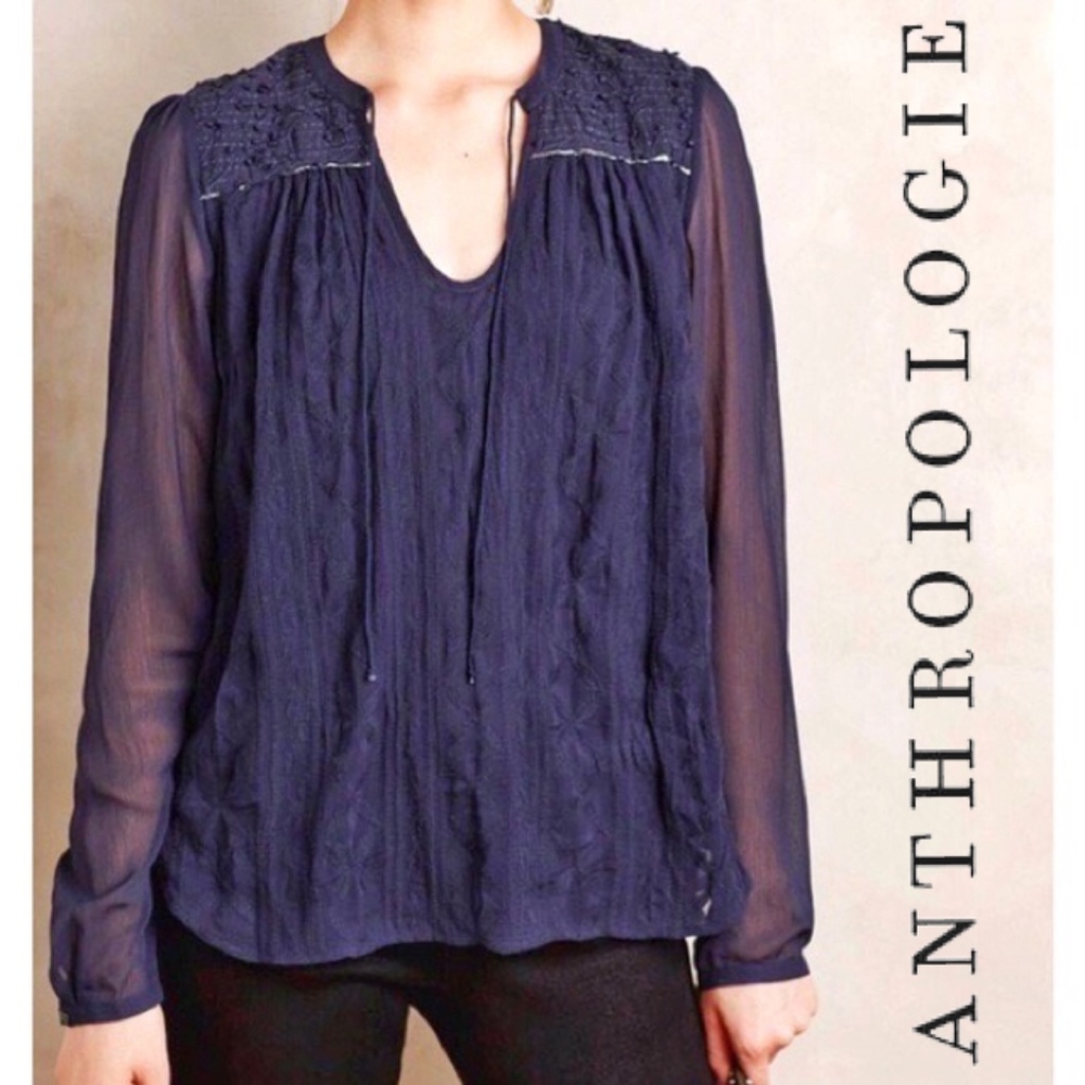 ANTHROPOLOGIE - TINY | Embroidered Split Neck Top